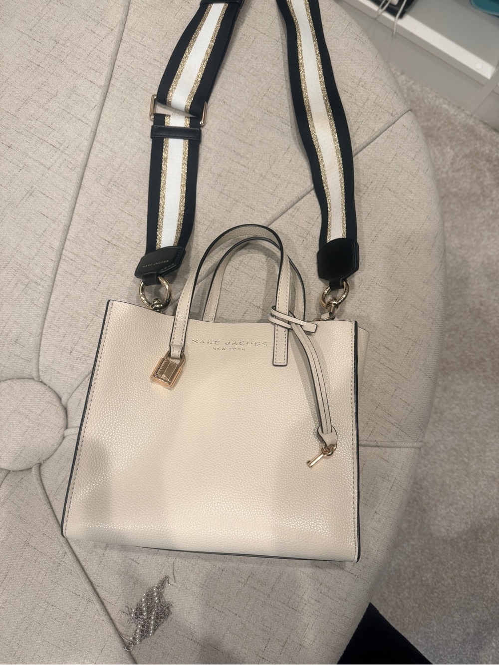 Marc Jacobs Cream Pebbled Leather Mini Satchel with Striped Strap